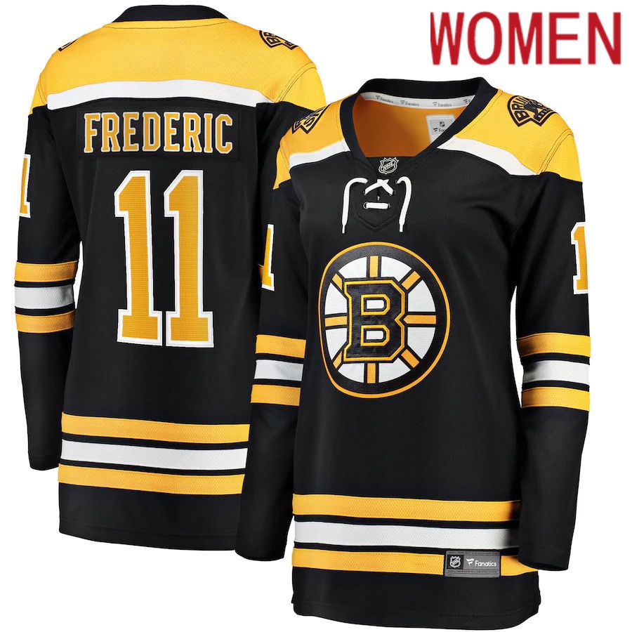 Women Boston Bruins 11 Trent Frederic Fanatics Branded Black Home Breakaway Player NHL Jersey